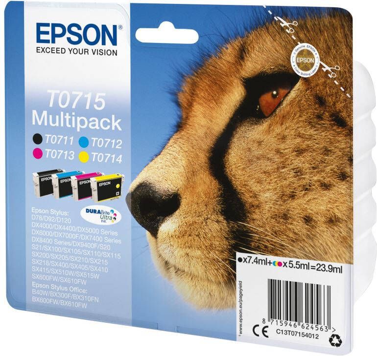 Epson inktcartridge T0715, 250 415 pagina&apos, s, OEM C13T07154012, 4 kleuren