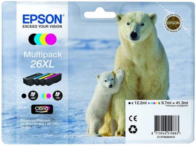 Epson inktcartridge 26XL, 24, 4 ml 13, 8 ml, OEM C13T26364010, 4 kleuren